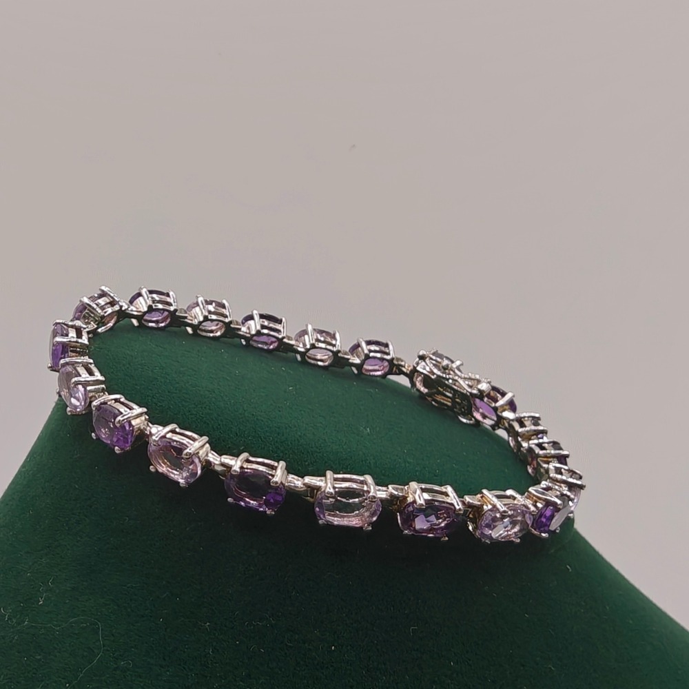 Signed CN 925 Sterling Silver Two Tone Amethyst Tennis Bracelet 7 Inch Purple - Picture 2 of 8